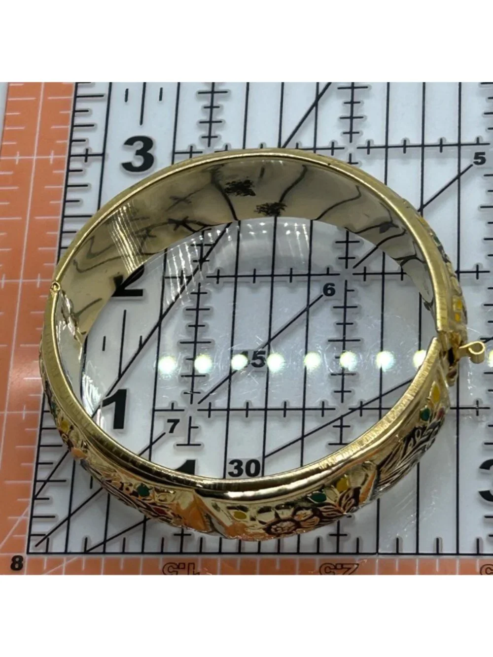 Vintage Gold Tone Floral Hinged Bangle Bracelet Enamel Detailing Embossed READ